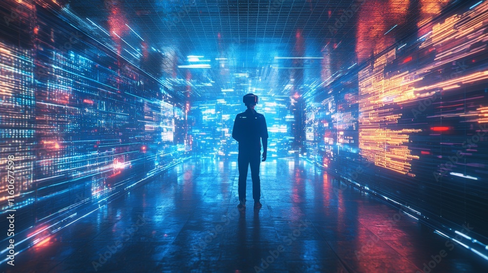 Young man wearing VR headset in a futuristic room, immersed in a virtual experience Young man wearing VR headset in a futuristic room, immersed in a virtual experience