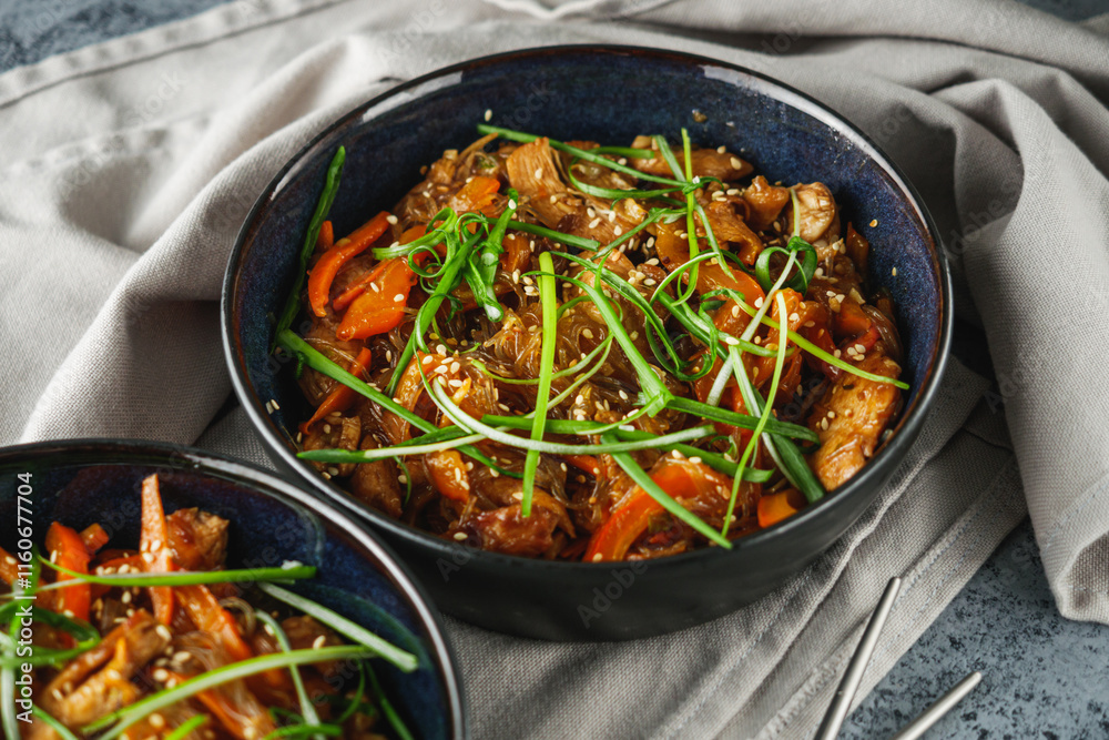 Wok Chicken with Funchoza and Vegetables, Asian Stir-Fry Delight, Tasty and Healthy Gourmet Dish Wok Chicken with Funchoza and Vegetables, Asian Stir-Fry Delight, Tasty and Healthy Gourmet Dish