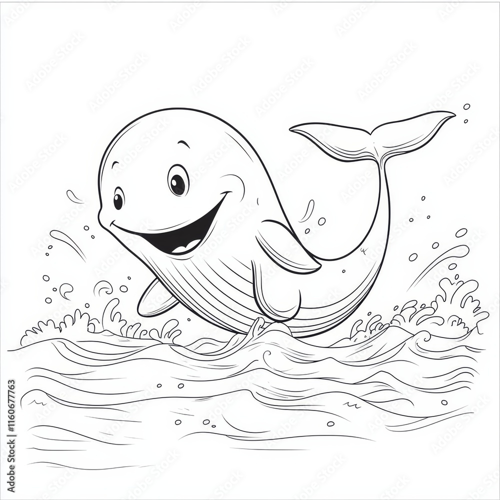 Obraz premium Happy Whale Splashing: A cartoon whale leaps playfully through the waves, its big smile and cheerful eyes conveying pure joy. The illustration is perfect for children's books, cards.