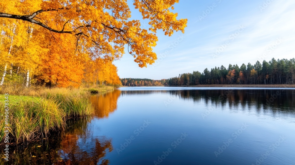 Obraz premium Serene lake surrounded by vibrant autumn foliage and clear skies.