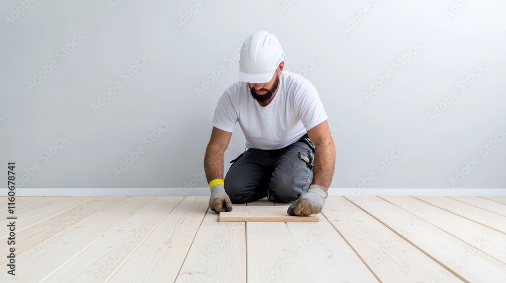 Worker installing wooden flooring in a bright indoor space. Worker installing wooden flooring in a bright indoor space.