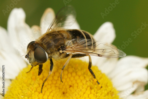 Closeup on a European drone fly, Eristalis arbustorum, on a common daisy flower in the garden photo