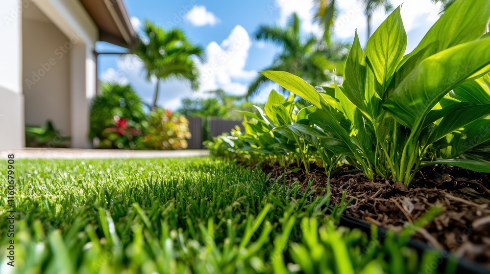 Obraz premium Lush Green Plants and Vibrant Grass in Beautiful Tropical Landscape