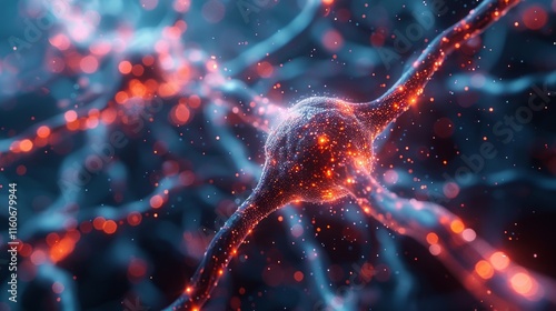 neural network with red and blue neurons connected by gray axons. Red/blue lines imply complexity. Orange sparks suggest neural activity. Dark purple backdrop highlights neural structures.