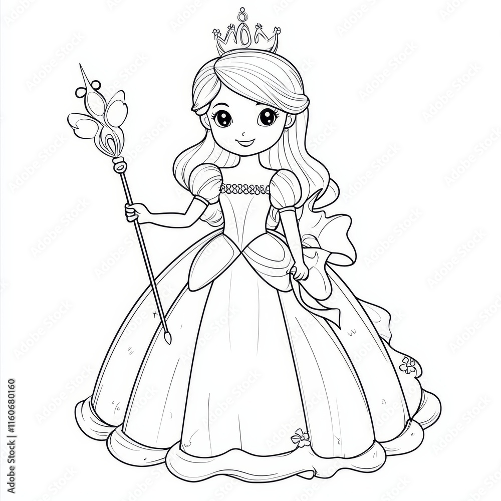 Fototapeta premium Princess in a Ball Gown: A charming illustration of a princess in a full ball gown, holding a scepter adorned with a butterfly. Perfect for coloring books, children's books.