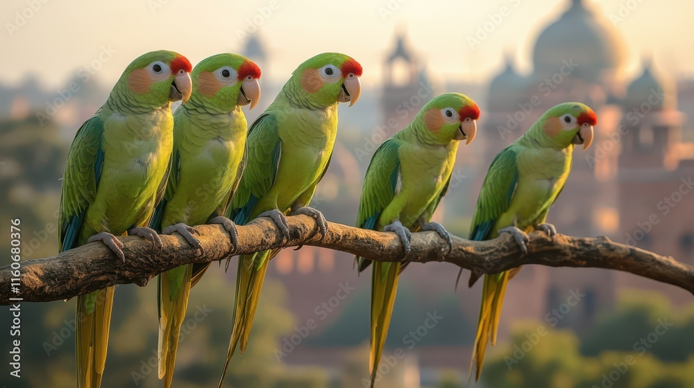 Obraz premium A group of green parrots perched on a branch, with vibrant plumage, set against a blurred cityscape featuring domes and towers in the background.