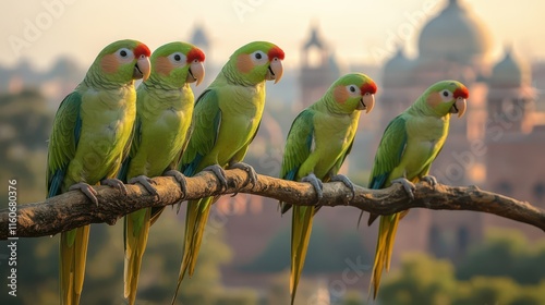 A group of green parrots perched on a branch, with vibrant plumage, set against a blurred cityscape featuring domes and towers in the background.