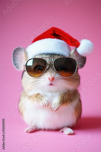A small furry hamster wearing sunglasses and a festive Santa hat