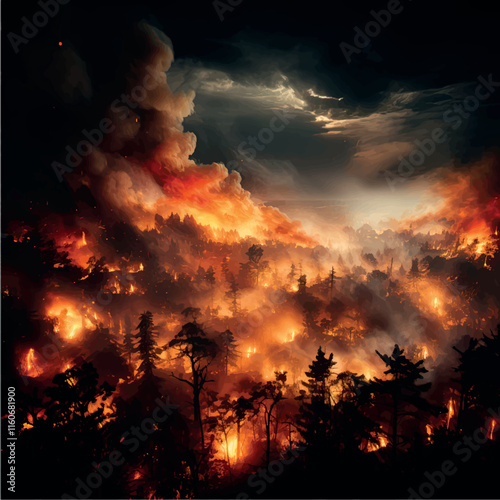 Fire in the forest top view illustration generation AI. Catastrophic forest fire. The forest is burning, trees are burning, storm, smoke over the forest.