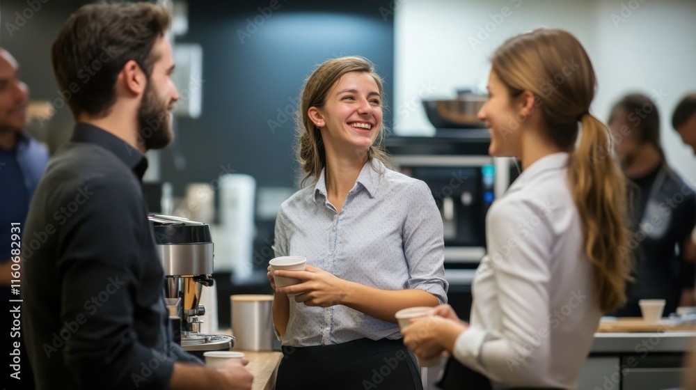 Friendly barista engages with customers in a cozy coffee shop during the afternoon Friendly barista engages with customers in a cozy coffee shop during the afternoon