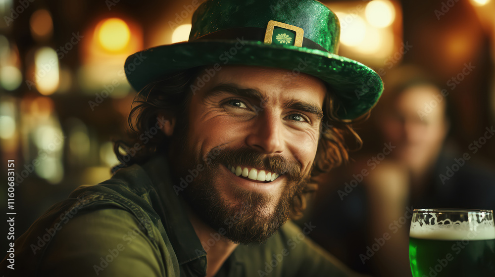 Handsome smiling man with beard in green leprechaun hat with green beer glass in Irish pub, celebrating St. Patrick Day Handsome smiling man with beard in green leprechaun hat with green beer glass in Irish pub, celebrating St. Patrick Day