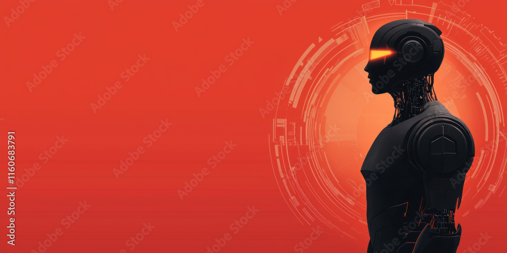 Futuristic robot silhouette with glowing eyes against orange background Futuristic robot silhouette with glowing eyes against orange background