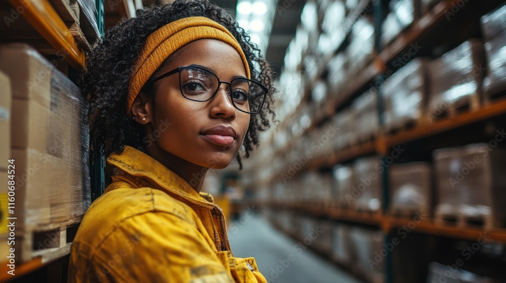 Confident Female Worker in Yellow Jacket Standing in a Warehouse Aisle Confident Female Worker in Yellow Jacket Standing in a Warehouse Aisle