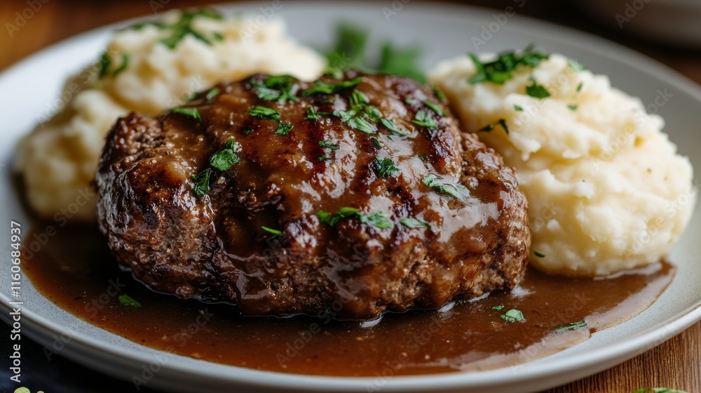 Savory meatloaf served with creamy mashed potatoes and rich gravy on a wooden table Savory meatloaf served with creamy mashed potatoes and rich gravy on a wooden table