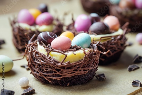 A close-up of a chocolate nest containing eggs photo