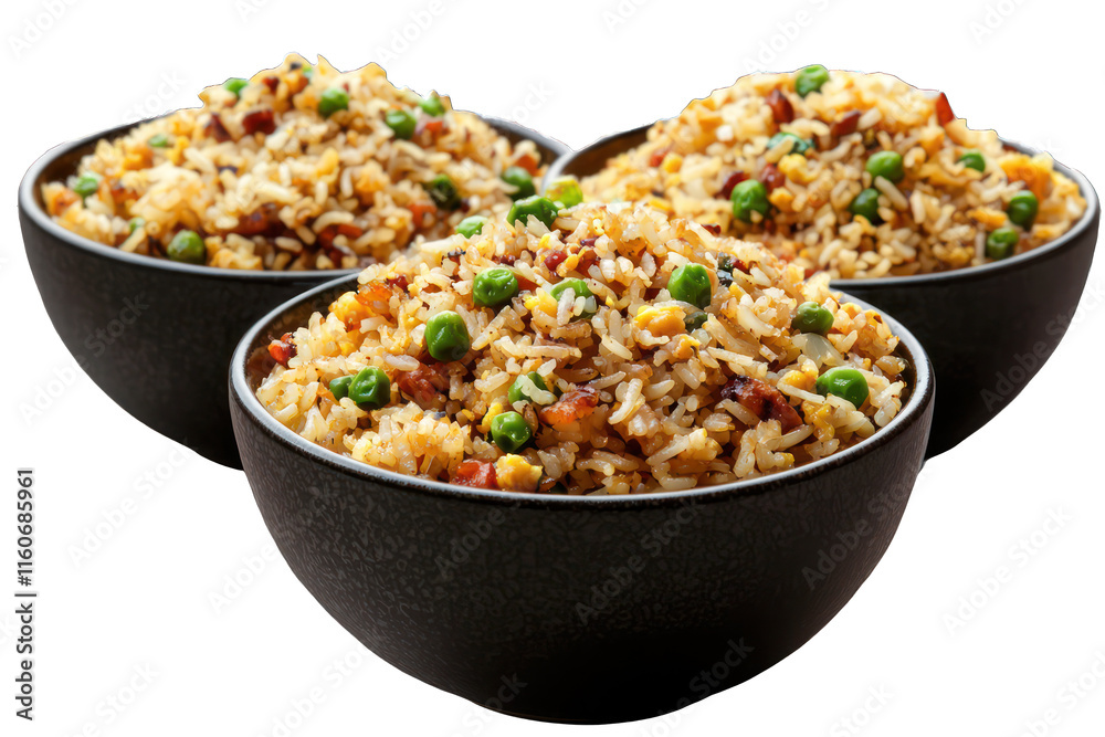 Yangzhou Fried Rice in three bowls, transparent high-res PNG. Yangzhou Fried Rice in three bowls, transparent high-res PNG.