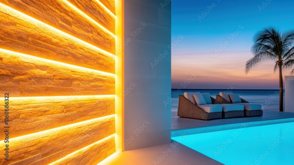 Fototapeta premium Elegant Lounge Space with Pool and Sunset by Tropical Beach