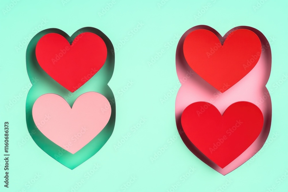 A pair of romantic paper hearts on a green background, perfect for Valentine's Day or any love-themed occasion A pair of romantic paper hearts on a green background, perfect for Valentine's Day or any love-themed occasion