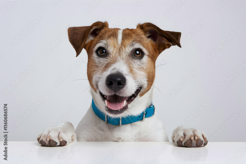 Joyful dog peeks over surface, bright eyes and playful demeanor Joyful dog peeks over surface, bright eyes and playful demeanor