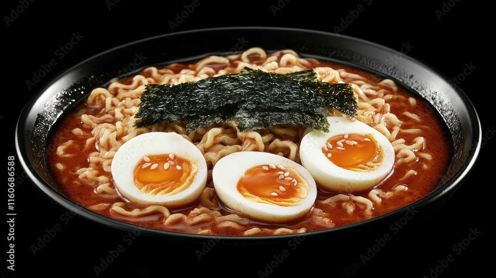 Spicy ramen noodles in a black bowl, garnished with seaweed and three soft-boiled eggs. Spicy ramen noodles in a black bowl, garnished with seaweed and three soft-boiled eggs.