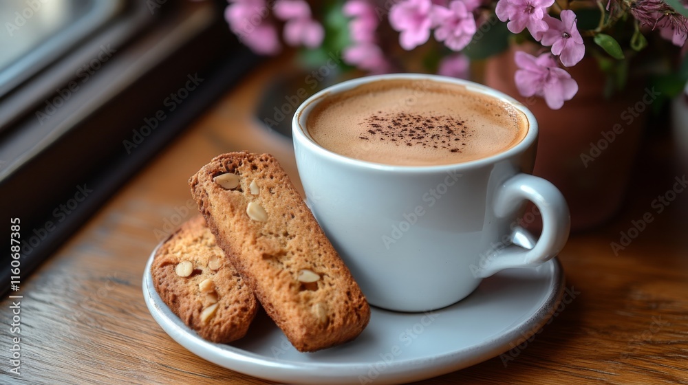 Delicious latte with intricate design served on a wooden table with a biscuit at a cozy cafe