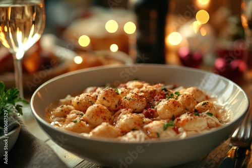 A simple yet elegant setup with a bowl of food and a glass of wine on a table, perfect for a casual dinner or a romantic evening photo