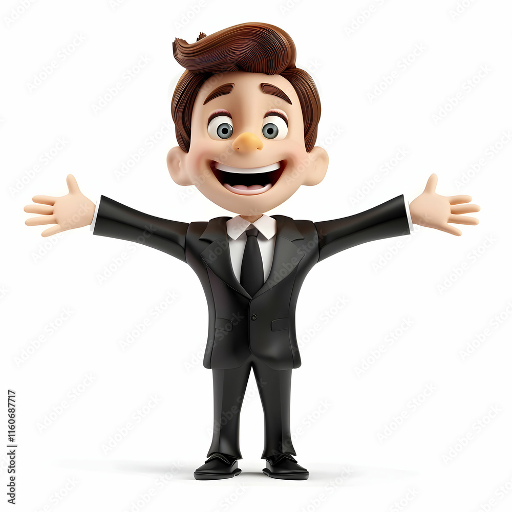 Happy Cartoon Character in Suit with Open Arms and Cheerful Smile Happy Cartoon Character in Suit with Open Arms and Cheerful Smile