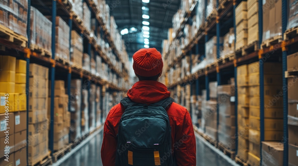 Person in Red Jacket and Backpack Walking Through Organized Warehouse Aisles Person in Red Jacket and Backpack Walking Through Organized Warehouse Aisles