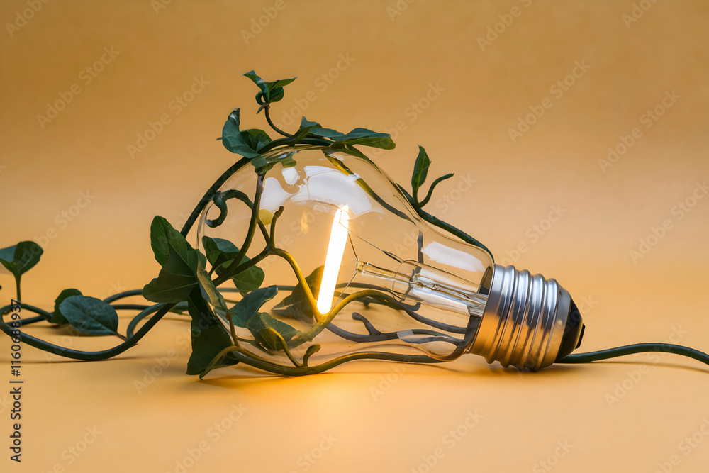 Glowing light bulb intertwined with green vines, symbolizing sustainability and innovation Glowing light bulb intertwined with green vines, symbolizing sustainability and innovation