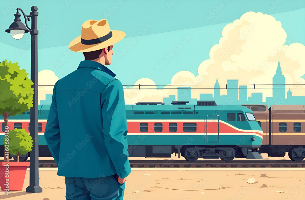 A dapper man in a tailored blue suit and stylish hat waits at a busy train station, eager for an adventure