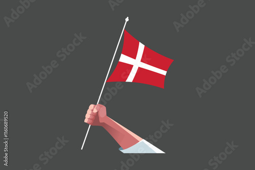 A hand holding a Denmark flag, Flag of Denmark national country symbol illustration Vector, Rectangle Denmark flag illustration, Flat vector illustration
