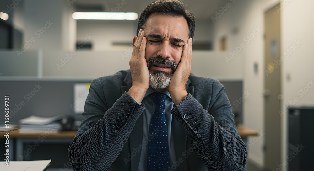 Stressed Businessman Office Setting Depressed Sad Face Hands Stressed Businessman Office Setting Depressed Sad Face Hands