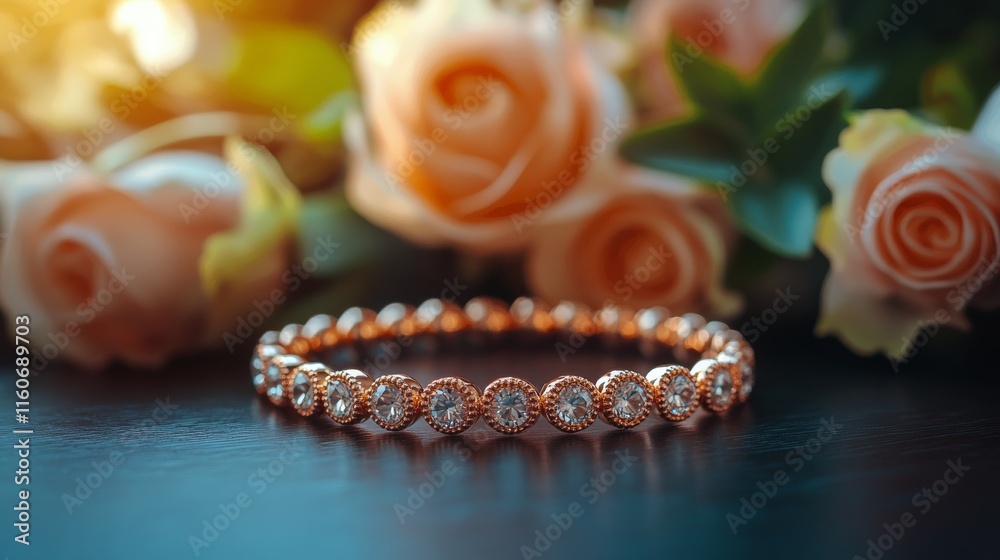 Elegant rose gold bracelet with sparkling gemstones surrounded by delicate flowers Elegant rose gold bracelet with sparkling gemstones surrounded by delicate flowers