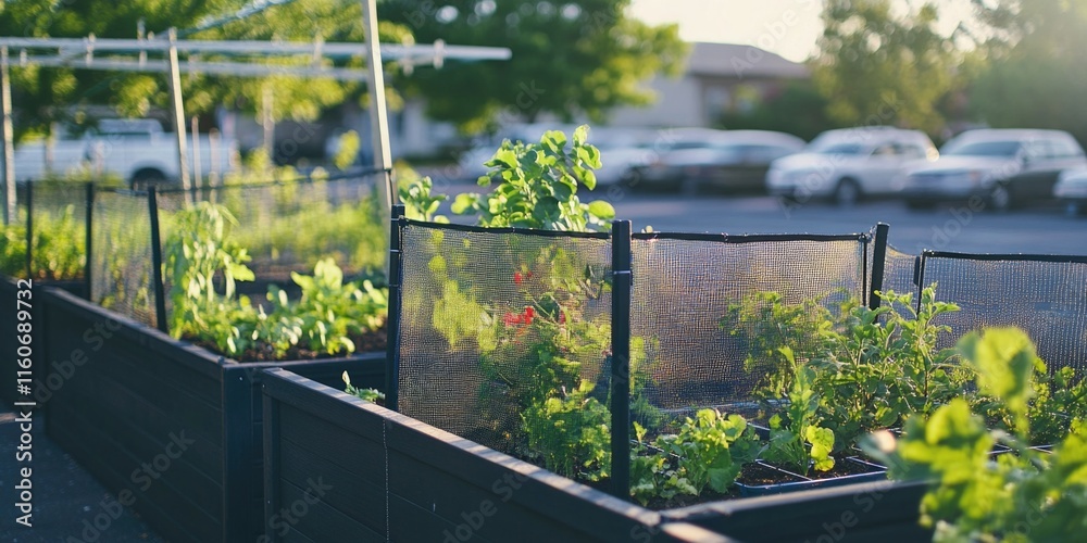 Fototapeta premium A fenced in garden area with many plants