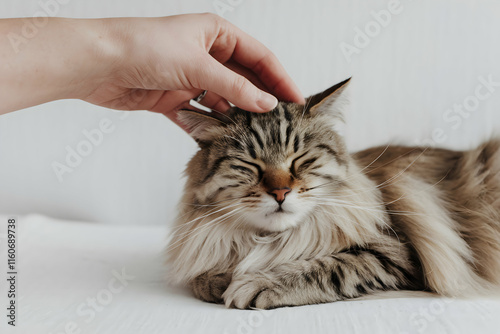 Hand strokes a relaxed cat with closed eyes, evoking calm and affectionate emotions photo