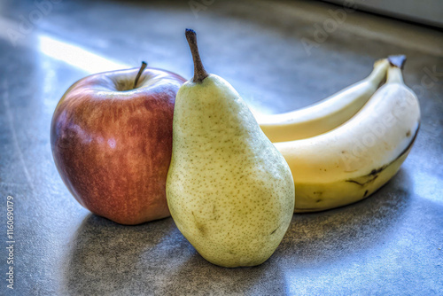 a banana and a pear on a table photo