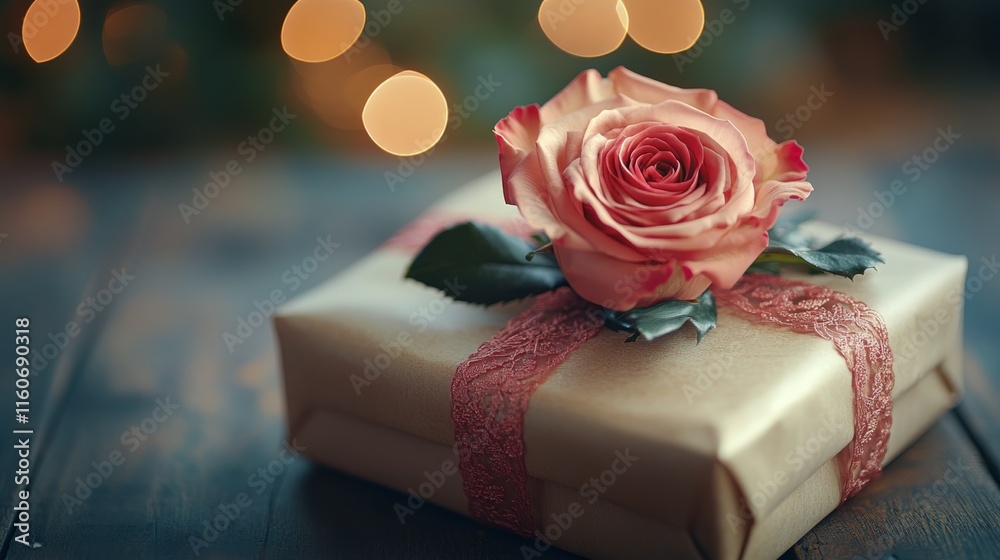 Obraz premium Beautifully wrapped gift adorned with a pink rose on a soft textured background