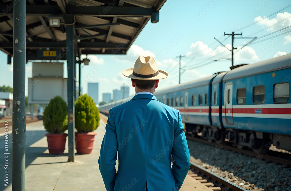 A dapper man in a tailored blue suit and stylish hat waits at a busy train station, eager for an adventure