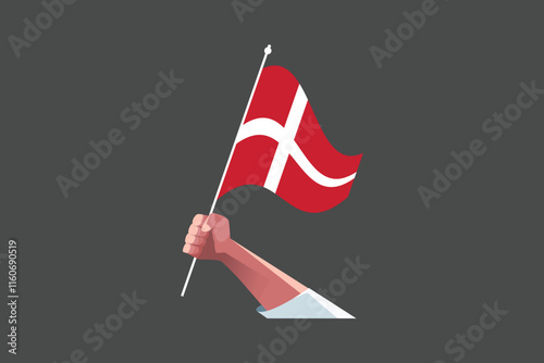 A hand holding a Denmark flag, Flag of Denmark national country symbol illustration Vector, Rectangle Denmark flag illustration, Flat vector illustration
