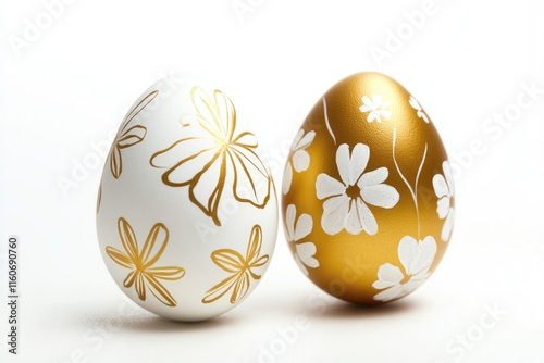 Two decorative Easter eggs with white and gold accents on a white surface photo