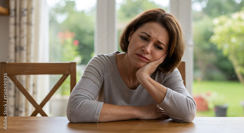 Sad Woman Indoor Setting Thoughtful Pose Grey Sweater Wooden Table Sad Woman Indoor Setting Thoughtful Pose Grey Sweater Wooden Table