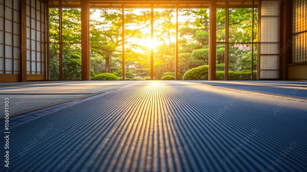 Fototapeta premium Sunlit tatami mat floor in traditional Japanese house with garden view.