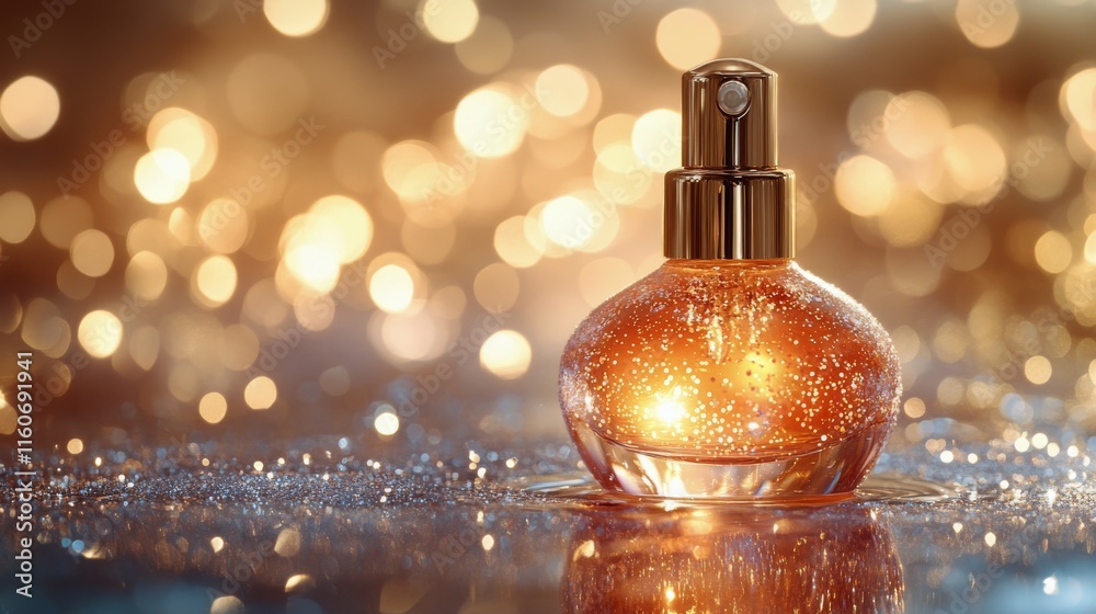 Elegant perfume bottle with sparkling reflections and floral backdrop in soft lighting Elegant perfume bottle with sparkling reflections and floral backdrop in soft lighting