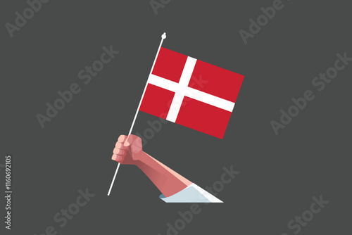 A hand holding a Denmark flag, Flag of Denmark national country symbol illustration Vector, Rectangle Denmark flag illustration, Flat vector illustration
