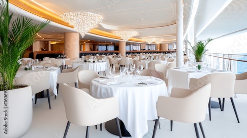 Elegant restaurant interior with tables and chandeliers.