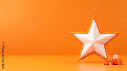 An orange-themed decorative star with small gifts beside it. photo