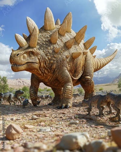 Fototapeta Naklejka Na Ścianę i Meble -  A large dinosaur with spiked armor stands in a prehistoric landscape surrounded by smaller dinosaurs.