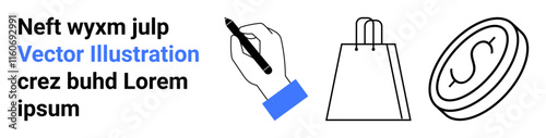 Hand drawing with pen, shopping bag, and dollar coin illustrate main elements. Ideal for e-commerce, marketing, online shopping, advertising, finance business educational content. Black and blue