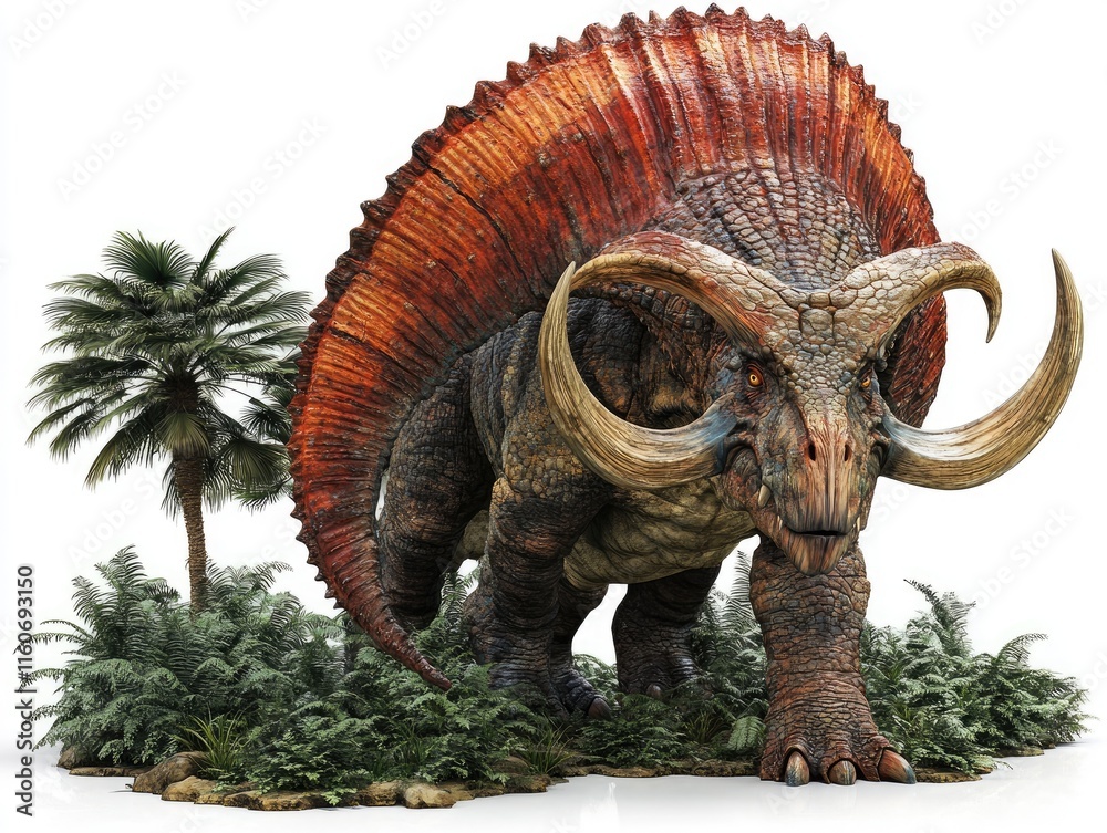 Fototapeta premium A large, prehistoric dinosaur-like creature with a spiked back, surrounded by tropical plants.