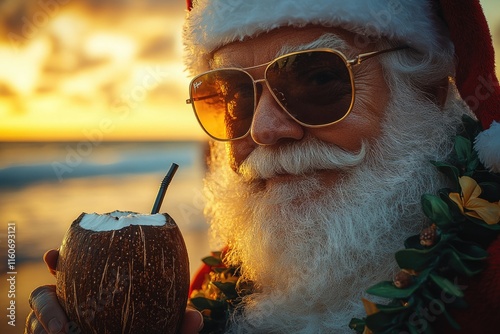 A person holding a coconut while wearing a beard and sunglasses, suitable for tropical or beach themed images photo